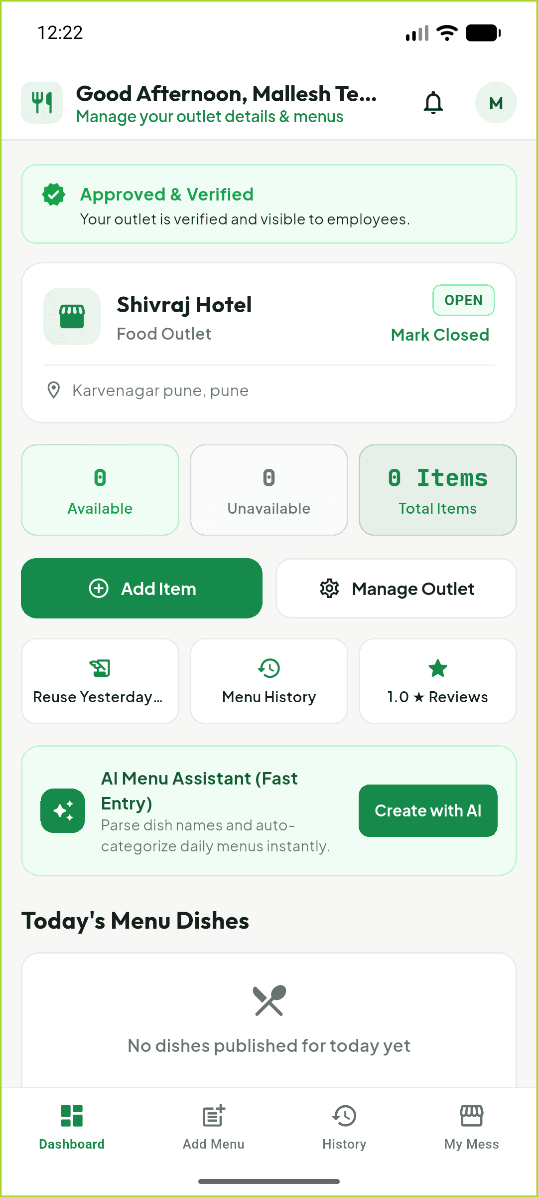 Aahar Nearby Hotel Owner Console